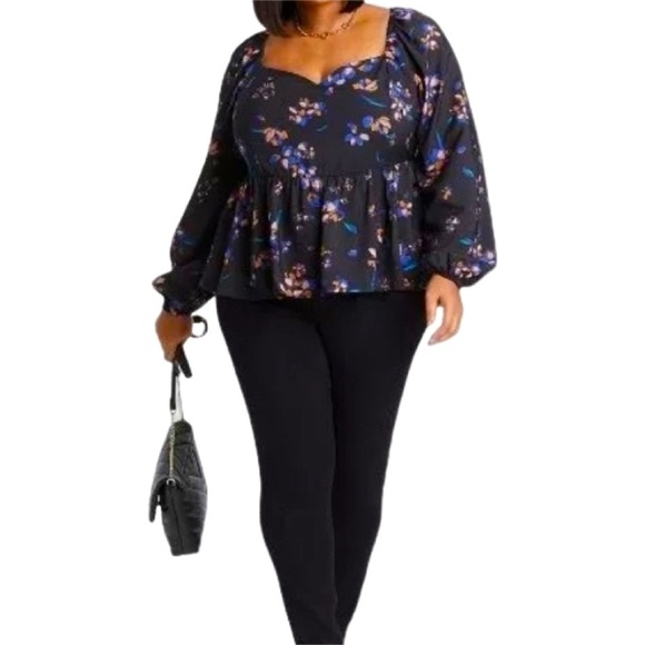 AVA & VIV Floral Peplum Blouse Women’s SZ 1X Black Long Sleeves Smock Tie - Picture 4 of 11